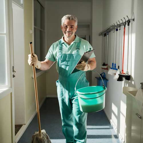 Un profesional de la limpieza limpia una comunidad de vecinos. Limpiezas Regueiro es una empresa de limpieza de casas, viviendas. pisos, comunidades, oficinas y empresas ubicada en la provincia de Ourense.
