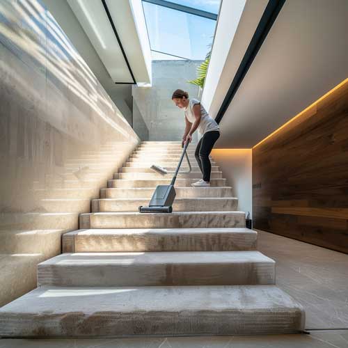 Una profesional de la limpieza limpia las escaleras de una comunidad de vecinos. Limpiezas Regueiro es una empresa de limpieza de casas, viviendas. pisos, comunidades, oficinas y empresas ubicada en la provincia de Ourense.