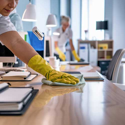 Mujer limpia la mesa de una oficina. Limpiezas Regueiro es una empresa de limpieza de casas, viviendas. pisos, comunidades, oficinas y empresas ubicada en la provincia de Ourense.