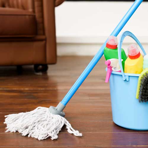 Fregona con productos de limpieza al lado en un suelo de parquet. Limpiezas Regueiro es una empresa de limpieza de casas, viviendas. pisos, comunidades, oficinas y empresas ubicada en la provincia de Ourense.