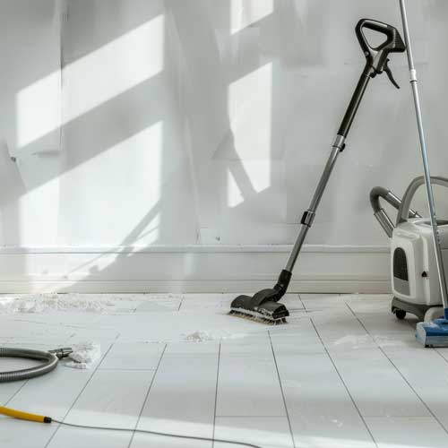 Un profesional de la limpieza limpia el suelo de una casa en obras. Limpiezas Regueiro es una empresa de limpieza de casas, viviendas. pisos, comunidades, oficinas y empresas ubicada en la provincia de Ourense.