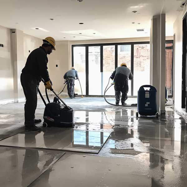 Profesionales de la limpieza limpian el suelo de una casa recién reformada. Limpiezas Regueiro es una empresa de limpieza de casas, viviendas. pisos, comunidades, oficinas y empresas ubicada en la provincia de Ourense.