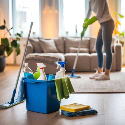 Productos de limpieza en el suelo de un salón con una mujer de la limpieza pasando la mopa al fondo. Limpiezas Regueiro son especialistas de limpieza en Ourense.