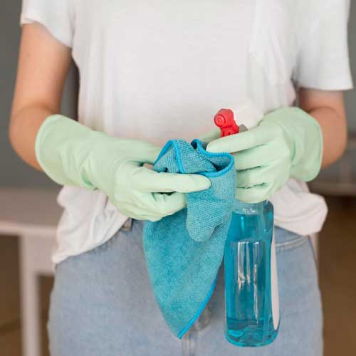 Manos de mujer sosteniendo una bayeta y un dispensador limpiacristales. Limpiezas Regueiro es una empresa de limpieza de casas, viviendas. pisos, comunidades, oficinas y empresas ubicada en la provincia de Ourense.